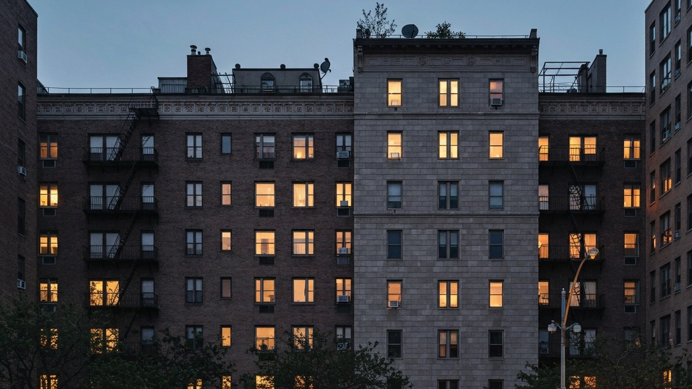 A New York apartment building at dusk with warm lights in windows, quiet sense of a well kept home