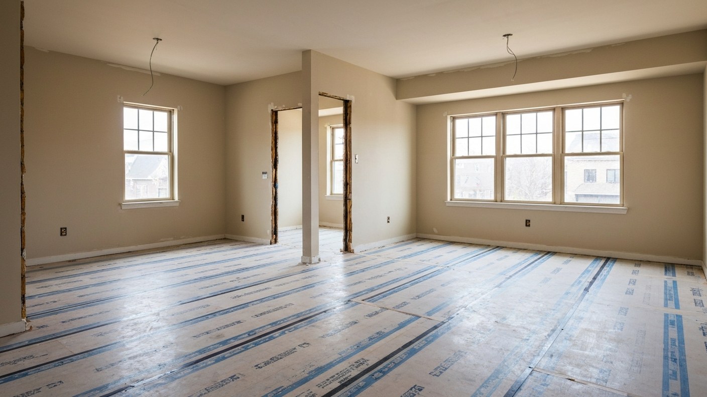 An empty apartment interior mid-renovation with protective sheeting on floors and bare walls, natura