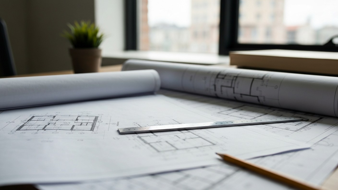 Architectural drawings and blueprints spread on a table with a ruler and pencil, professional design