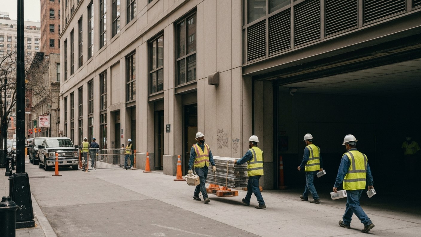 Construction workers carrying materials through a building service entrance, urban New York setting,