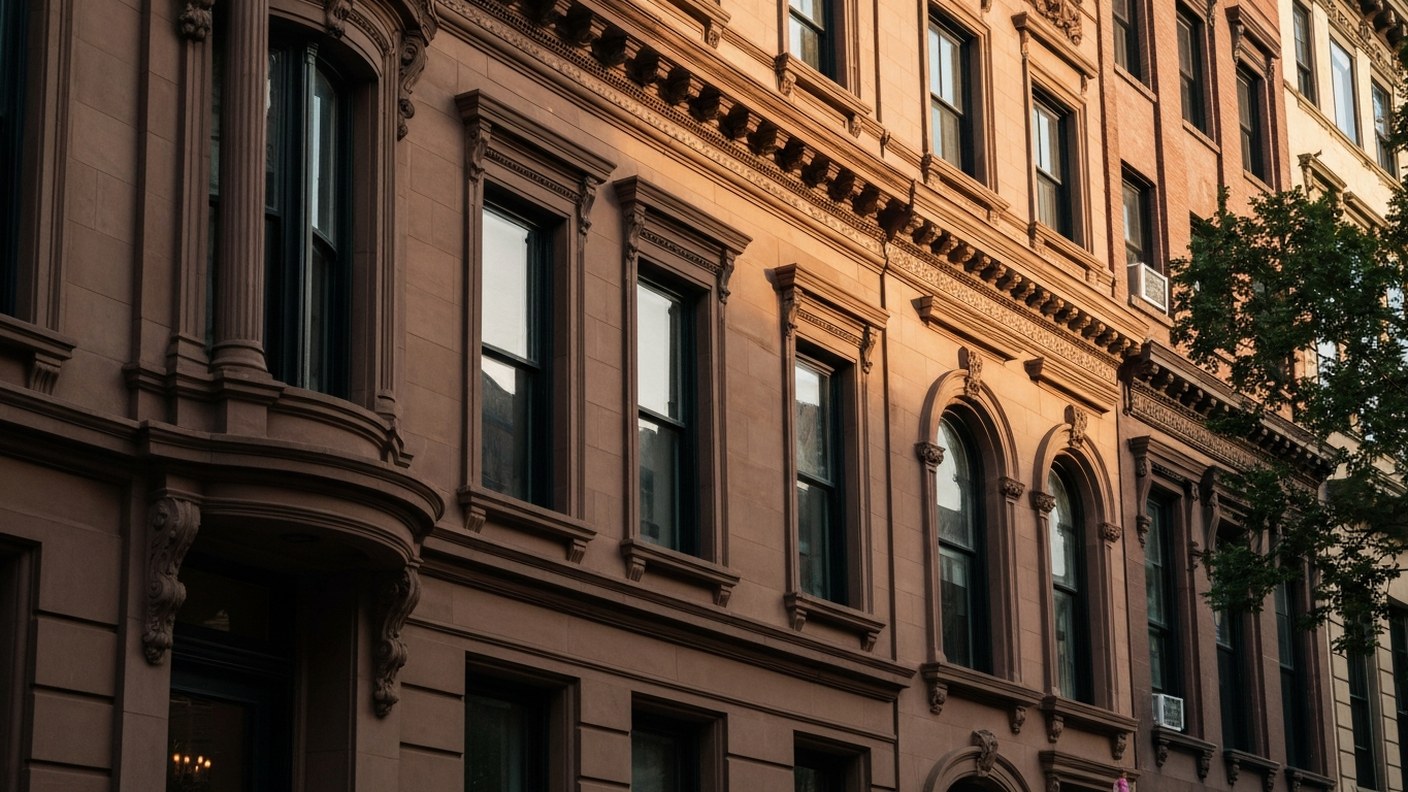 A historic brownstone facade with ornate window details and cornice work, landmark district street, 