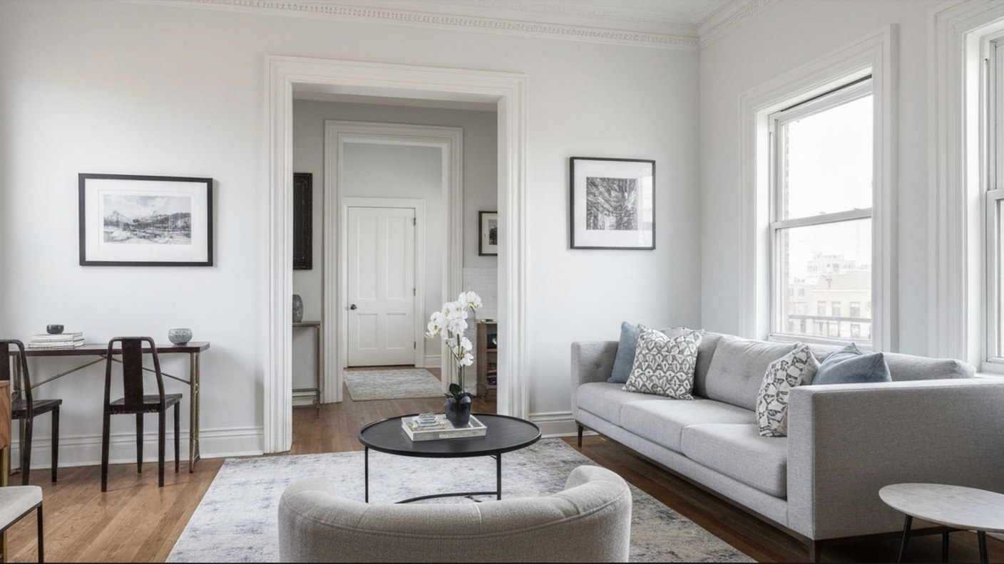 A beautifully renovated New York apartment living room with restored details and modern finishes, br