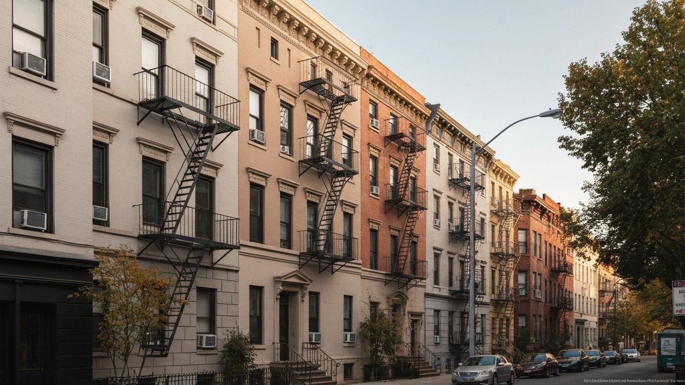 A classic New York walk-up apartment building facade with fire escapes on a residential street, autu