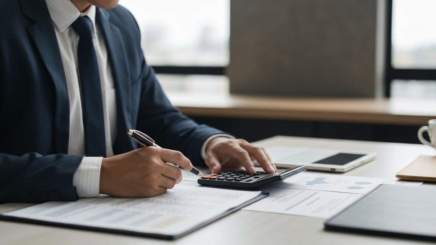 A landlord reviewing a rent roll spreadsheet at a desk with a calculator, documents spread out, focu