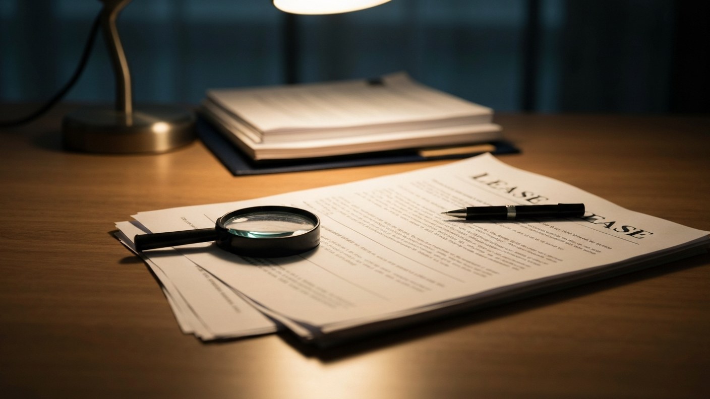 A stack of lease documents and a magnifying glass on a wooden desk, careful review scene, warm lamp 
