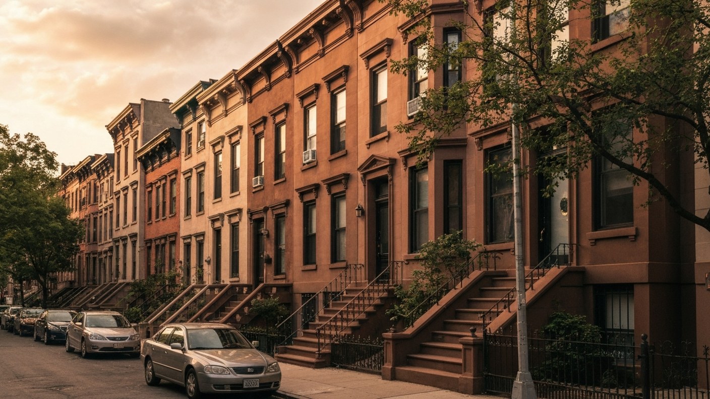 A row of brownstone buildings in Brooklyn at golden hour, quiet residential street, warm and timeles
