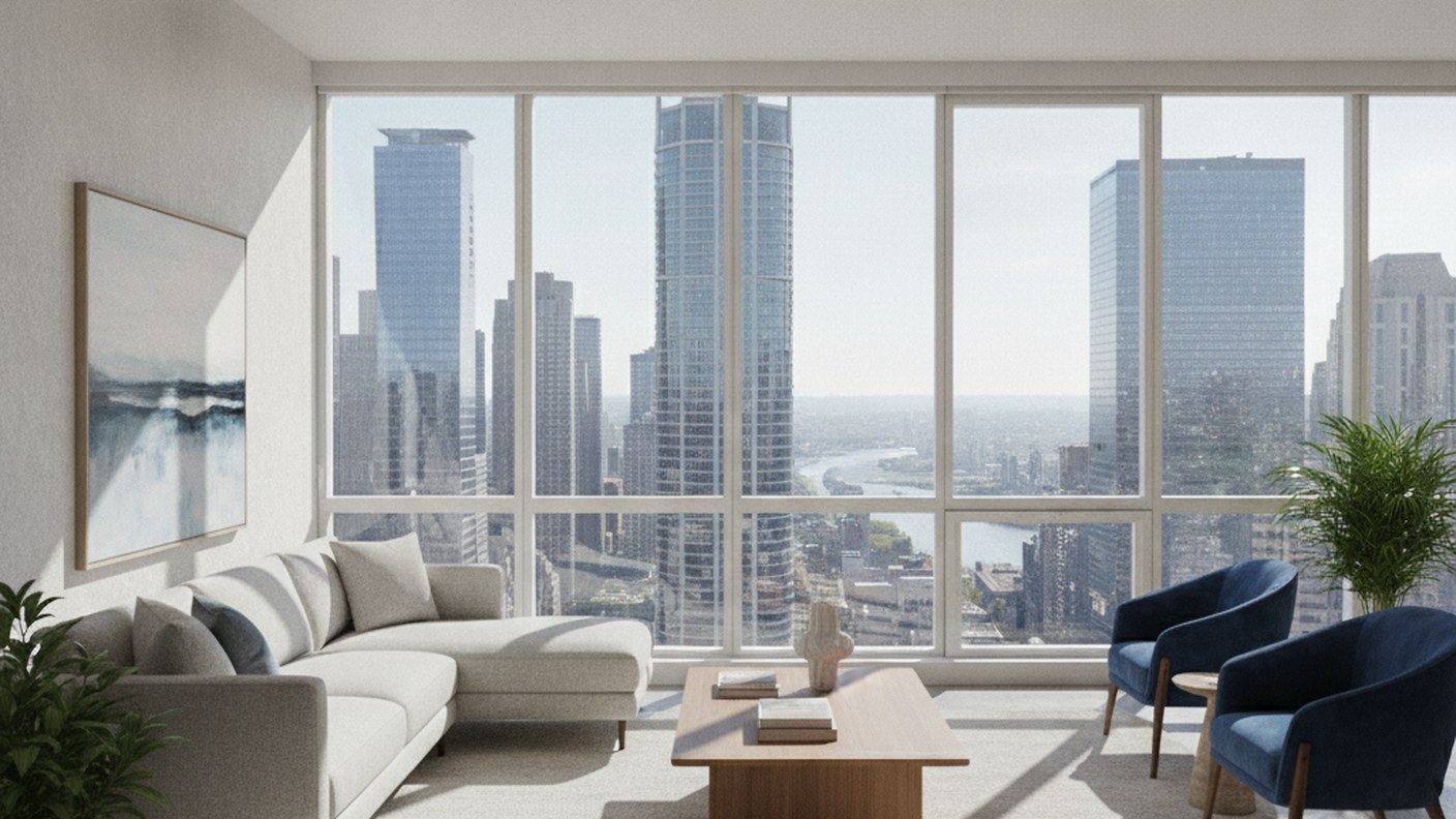 empty staged living room with large windows and city view, bright daylight