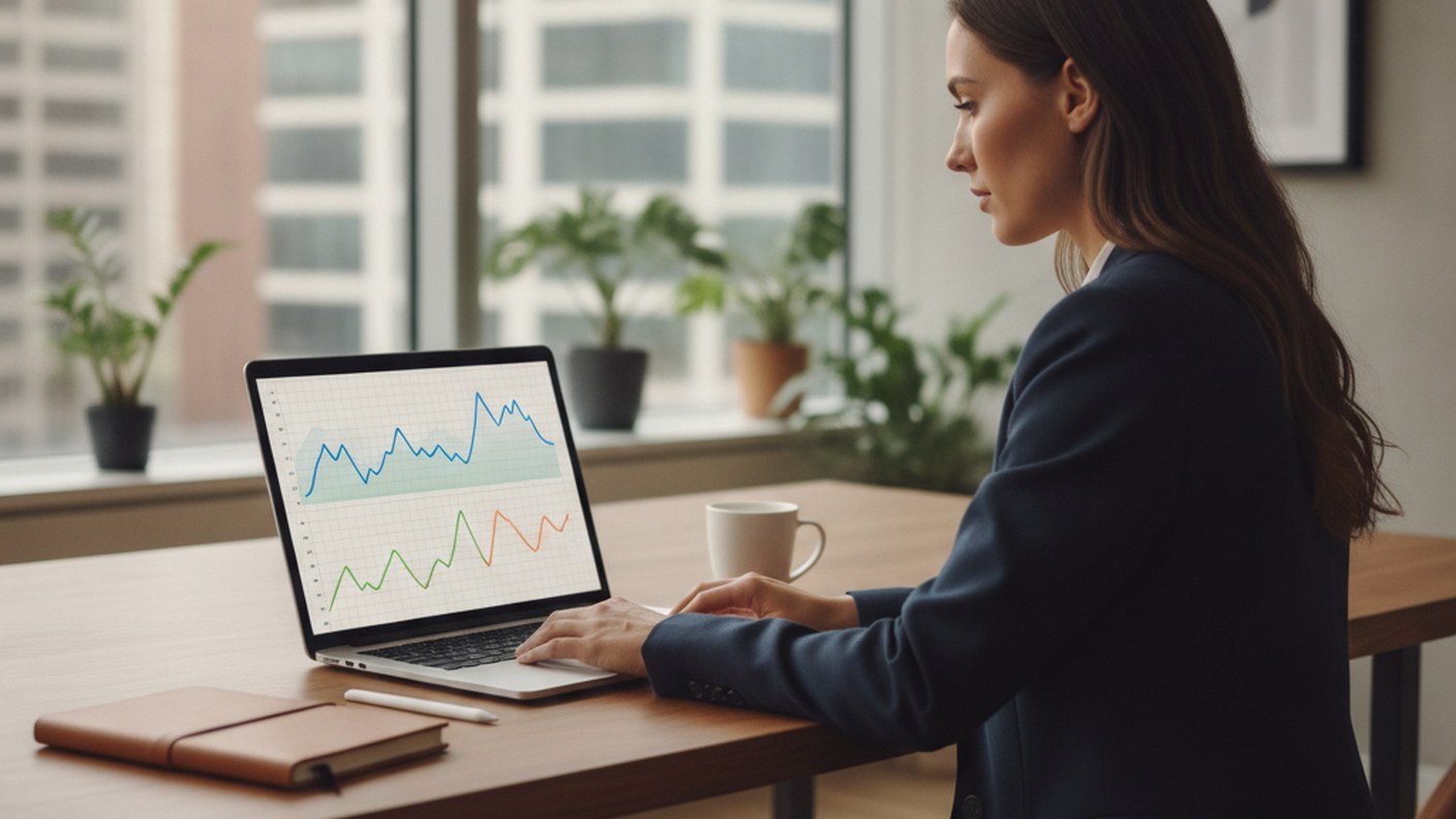 analyst comparing property price charts on a laptop screen, office setting