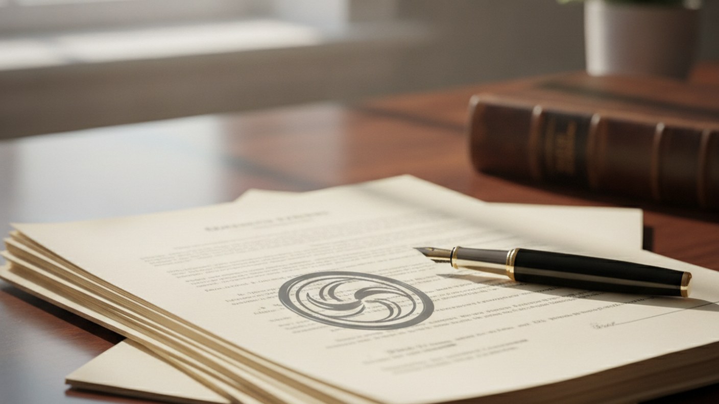 stack of official documents with a notary seal and pen on a desk