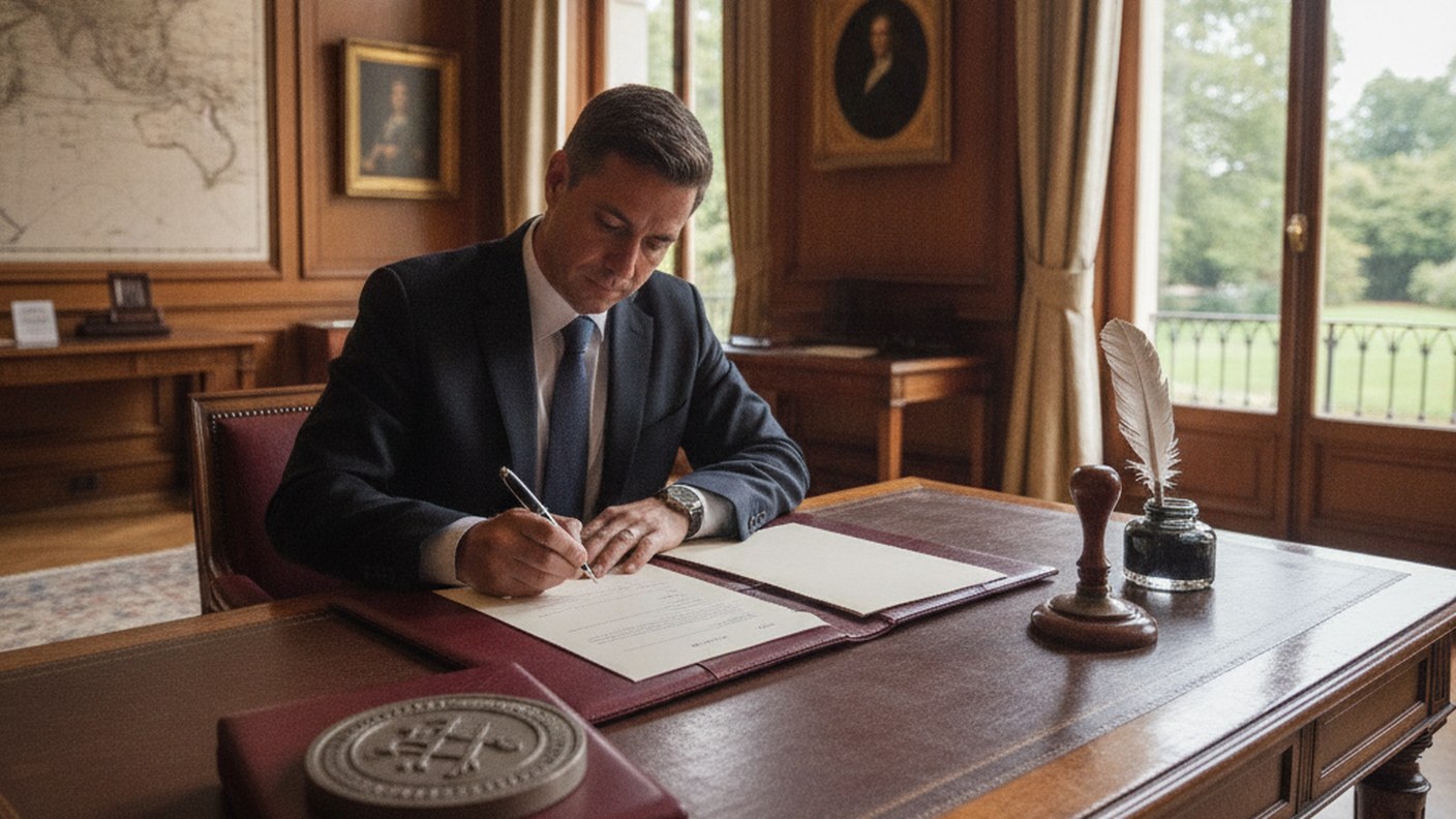 person signing documents at a consulate style desk with an official stamp nearby