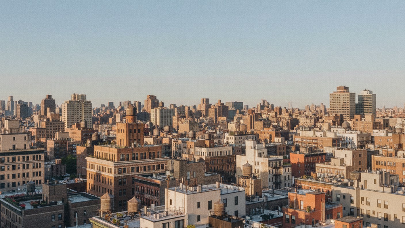 Manhattan residential buildings under a clear sky seen from a rooftop, afternoon