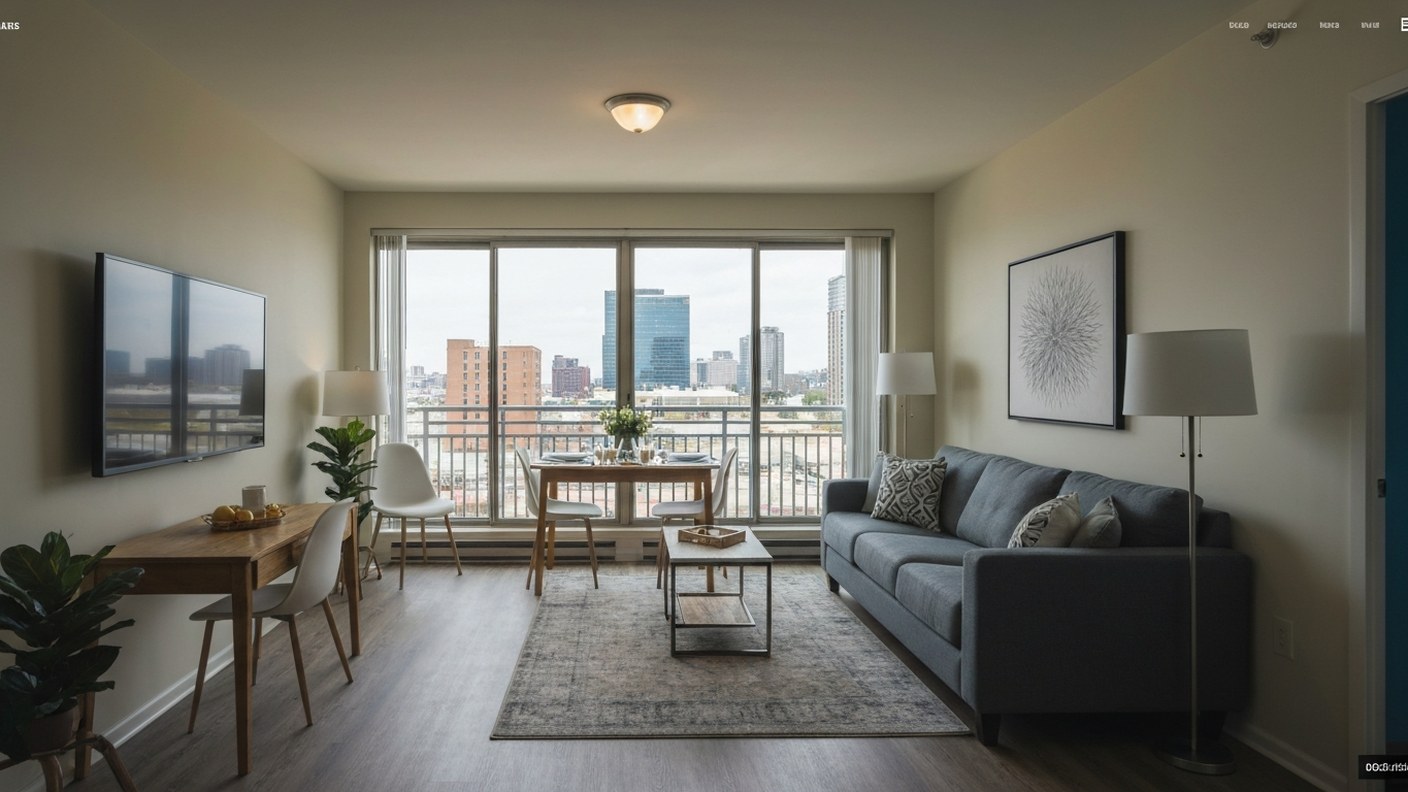 A furnished rental apartment interior with a sofa, dining table and city view through windows, brigh