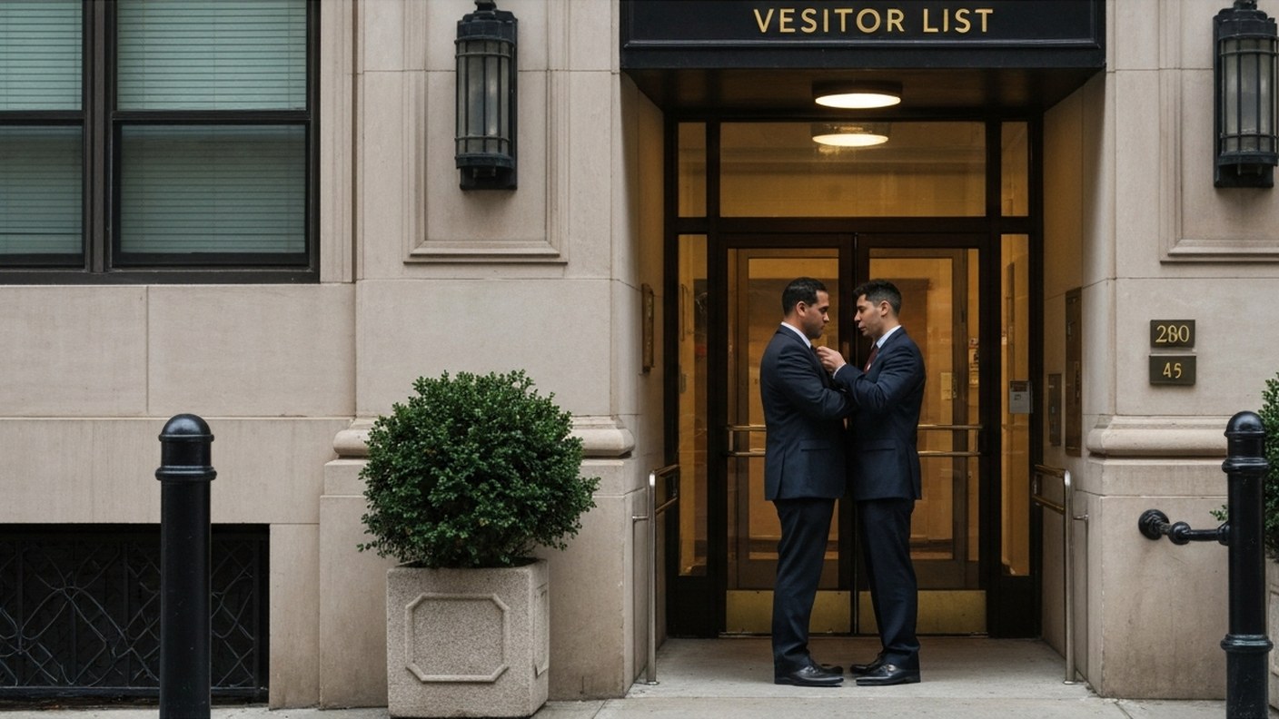 A New York apartment building entrance with a doorman checking a visitor list, urban residential set