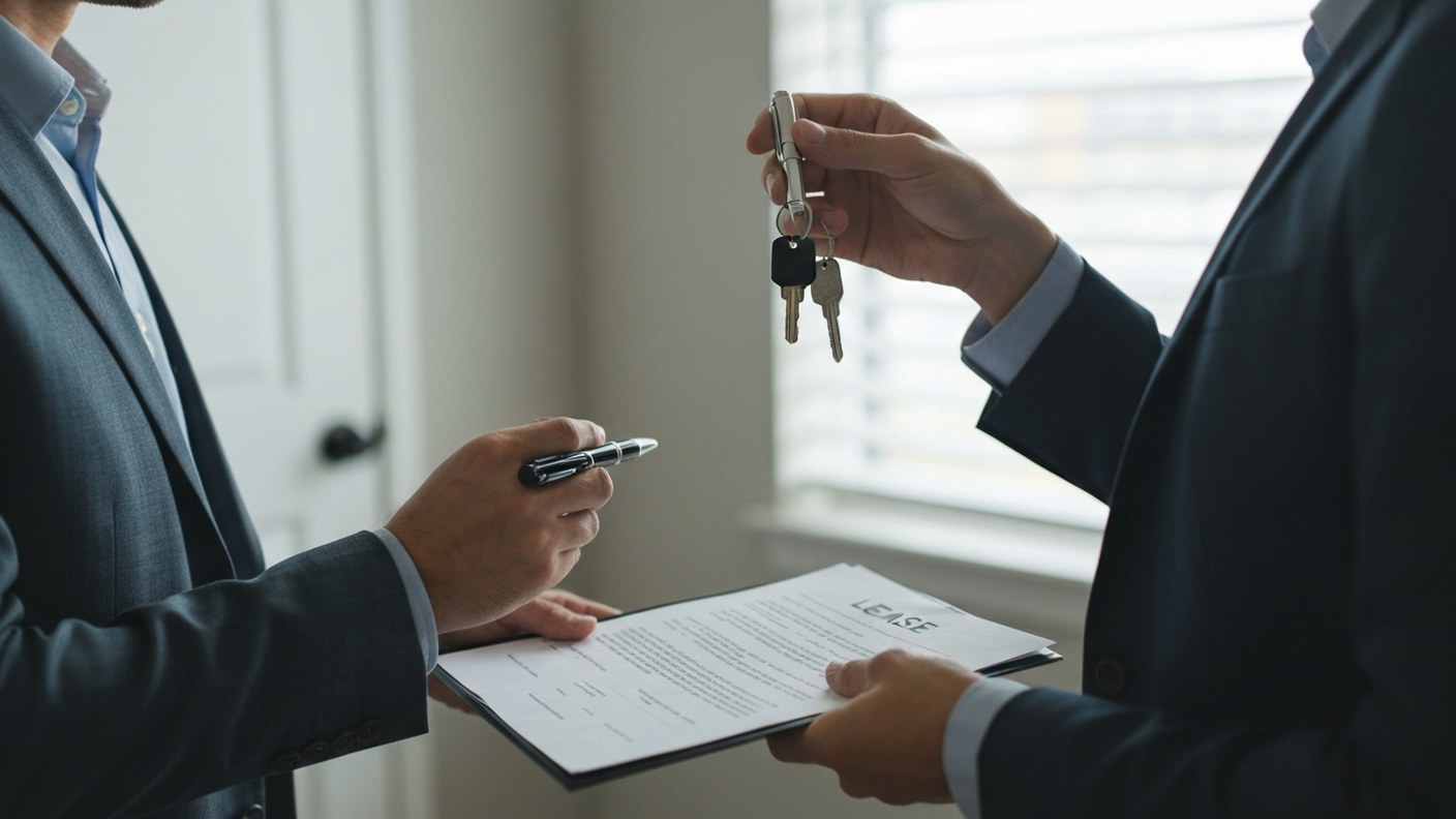 A property manager showing an apartment to prospective tenants, keys and lease documents in hand, br