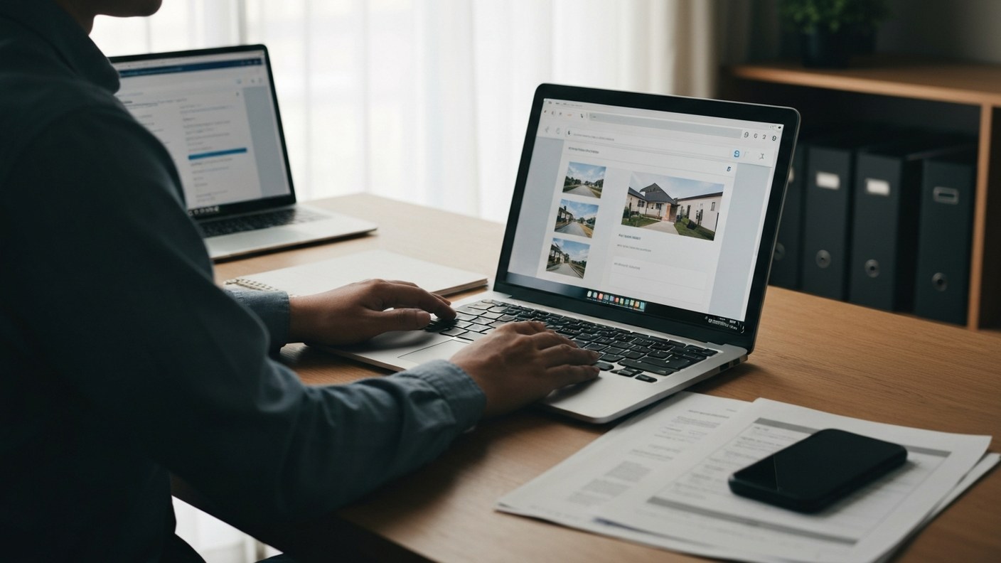 A person managing property remotely on a laptop from a home office in Japan, evening light, document