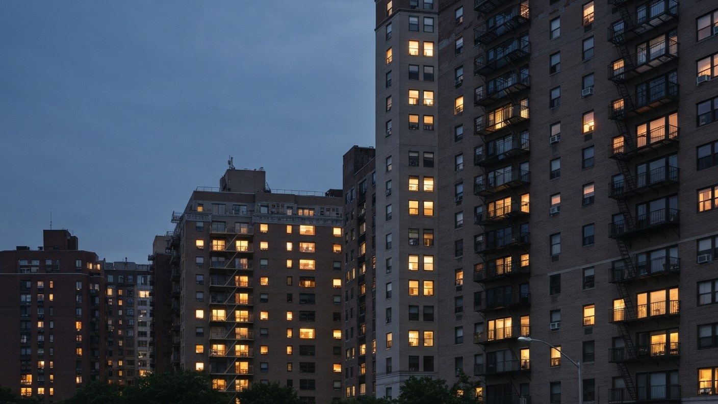 A New York residential building at dusk with lit windows suggesting occupied apartments, calm urban 