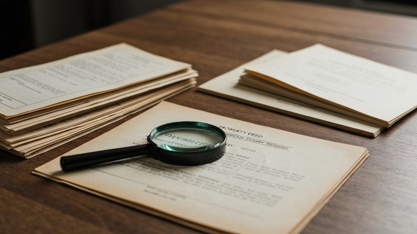 Old property deed documents and ledgers stacked on a wooden desk with a magnifying glass, archival r