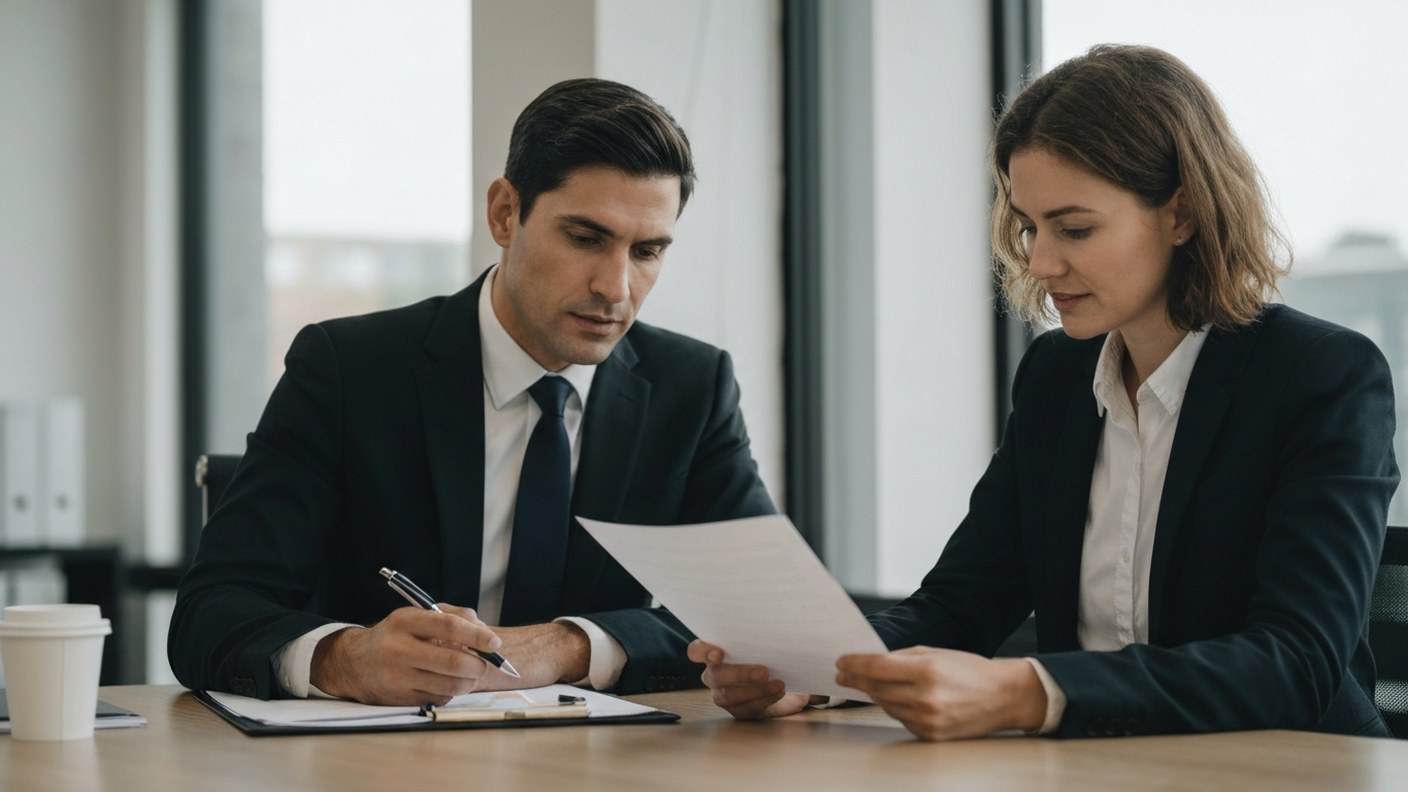 An attorney and client reviewing an insurance policy document at a table in a bright office