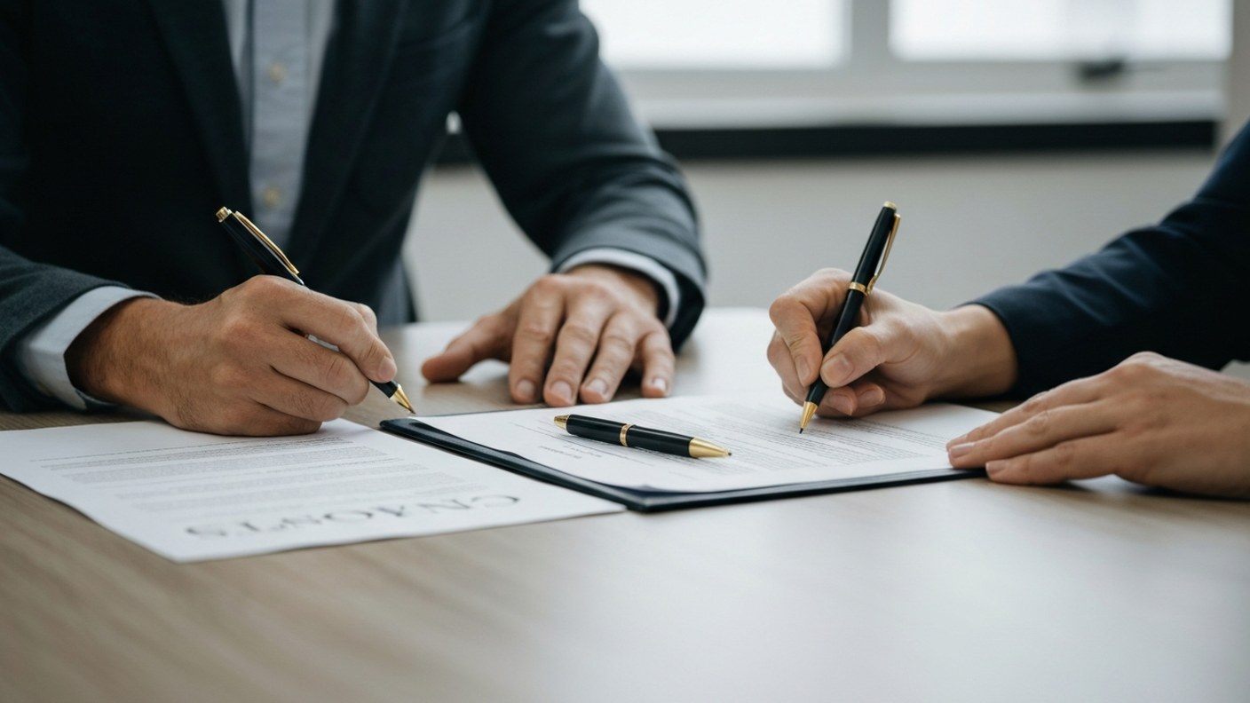 Closing documents and a pen on a conference table with two people signing, formal settlement scene