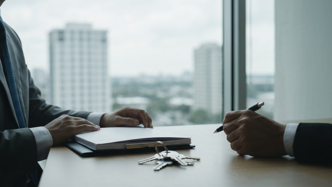 Keys and a property folder on a desk near a window with city view, calm completion of a transaction