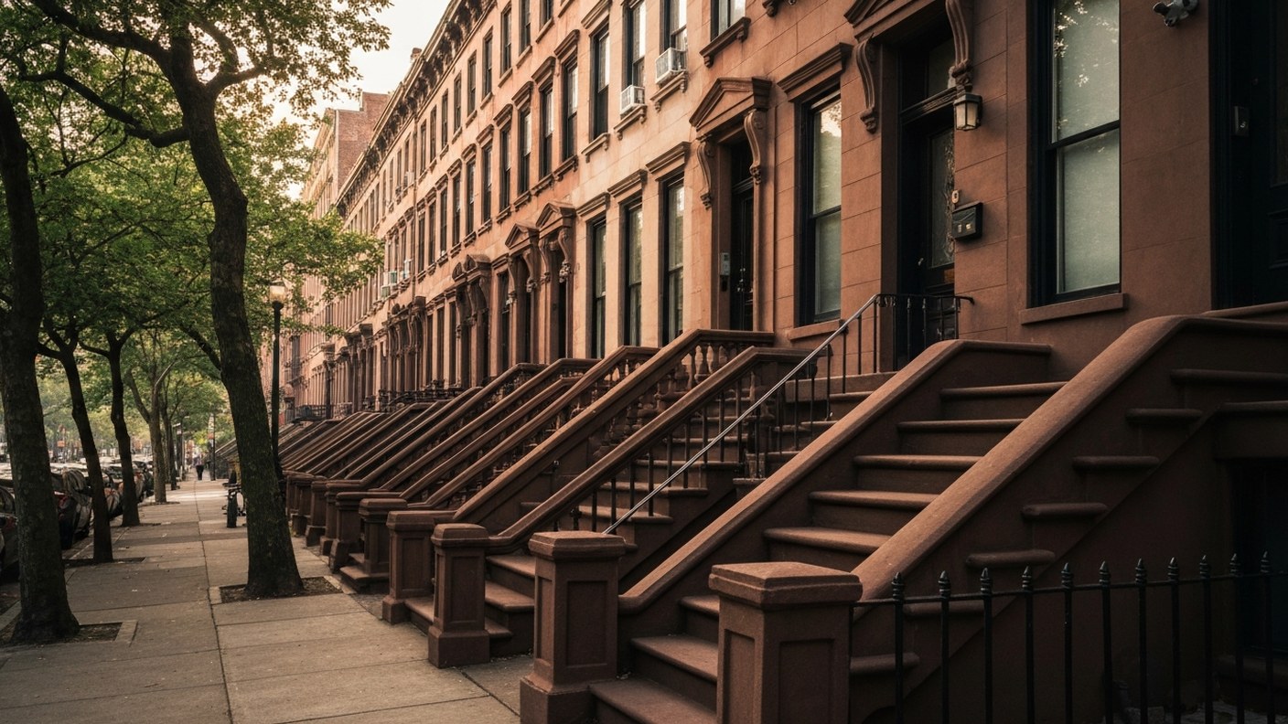 A row of classic brownstone townhouses on a tree lined Manhattan street, stone stoops and iron raili