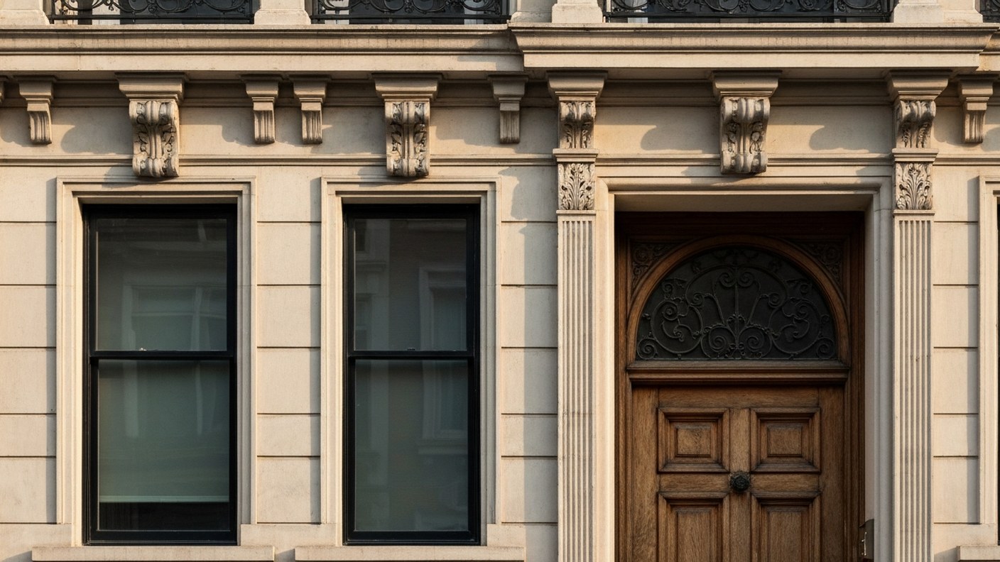 Detail of an ornate 19th century townhouse facade with carved stone window surrounds and a historic 