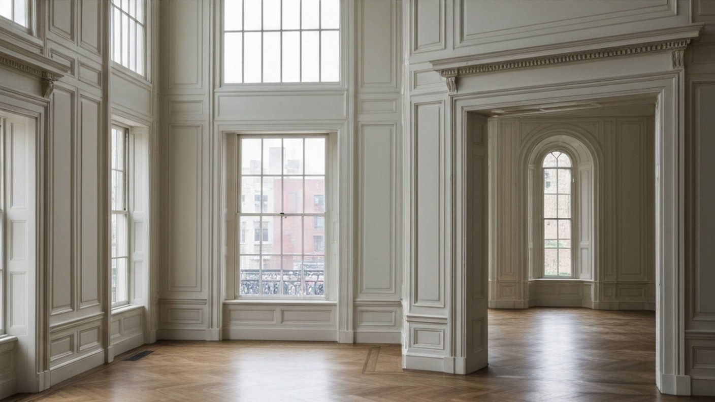 Interior of a townhouse parlor floor with high ceilings, original moldings and tall windows, elegant