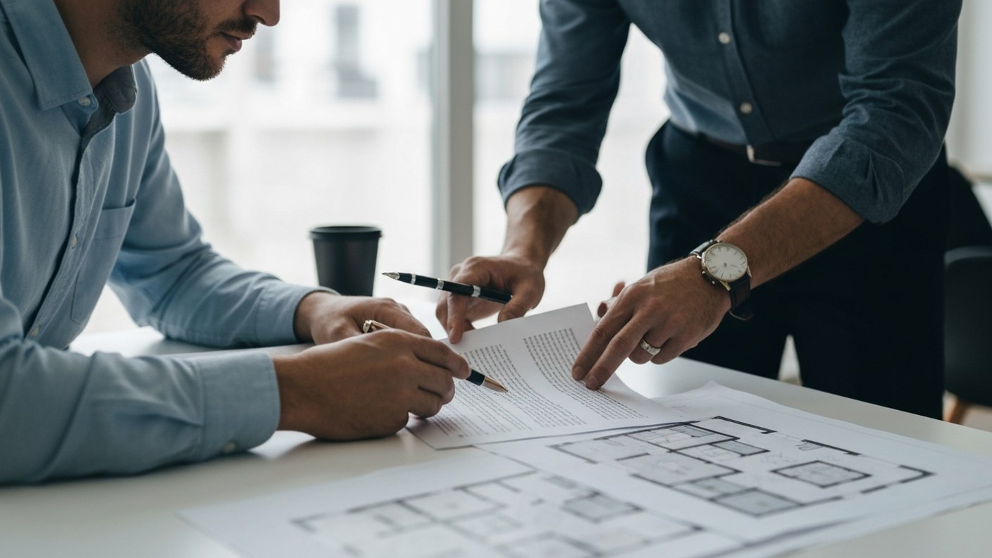 Two people reviewing building documents and floor plans at a table in a bright room, careful compari