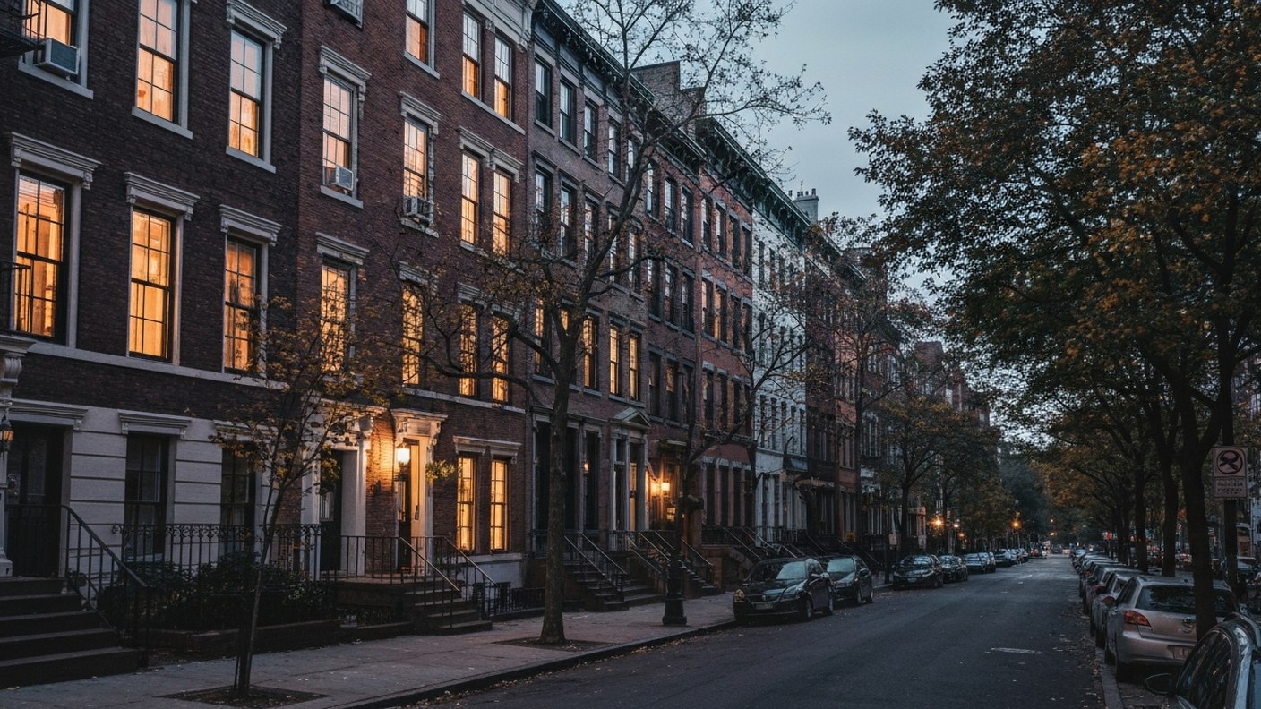 A Manhattan townhouse street at dusk with warm window lights and autumn trees, quiet residential atm