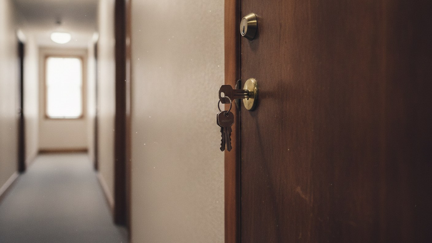 apartment door with keys in the lock in a hallway, neutral lighting
