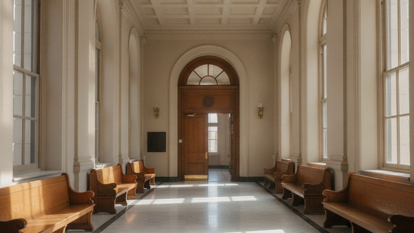 courthouse hallway with wooden benches and tall windows, quiet daytime