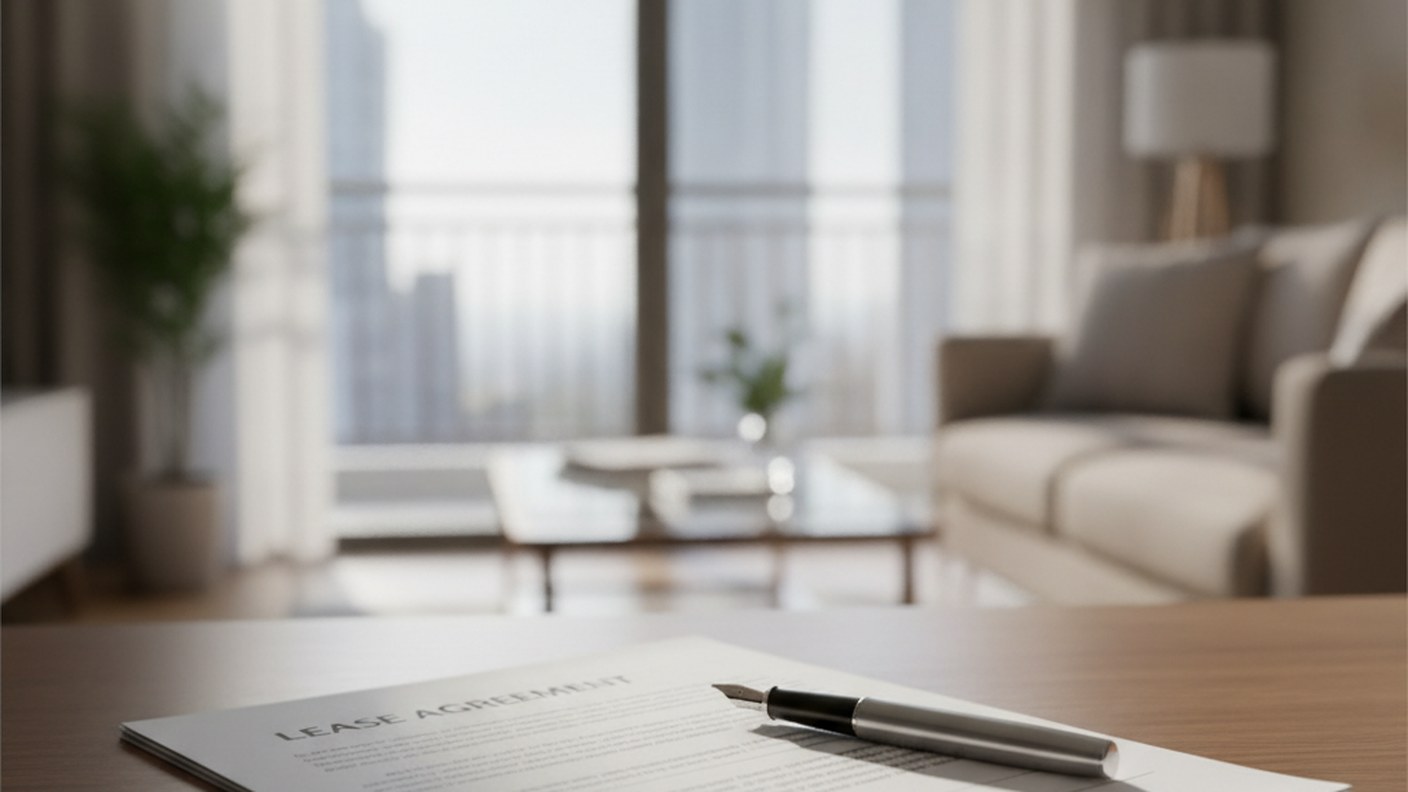 lease agreement and pen on a table with an apartment in the background