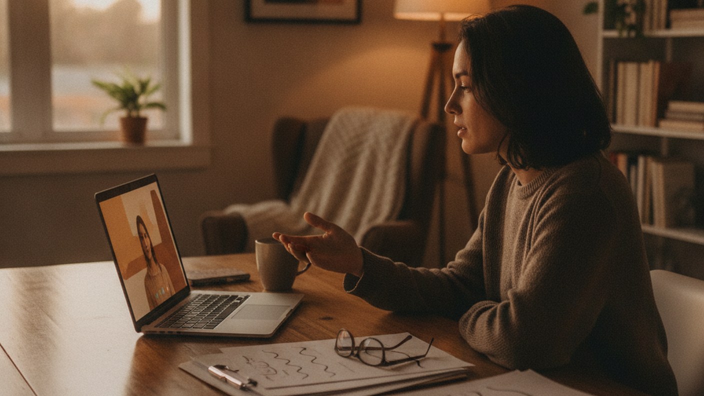 person on a video call with documents and a laptop at a home office, evening
