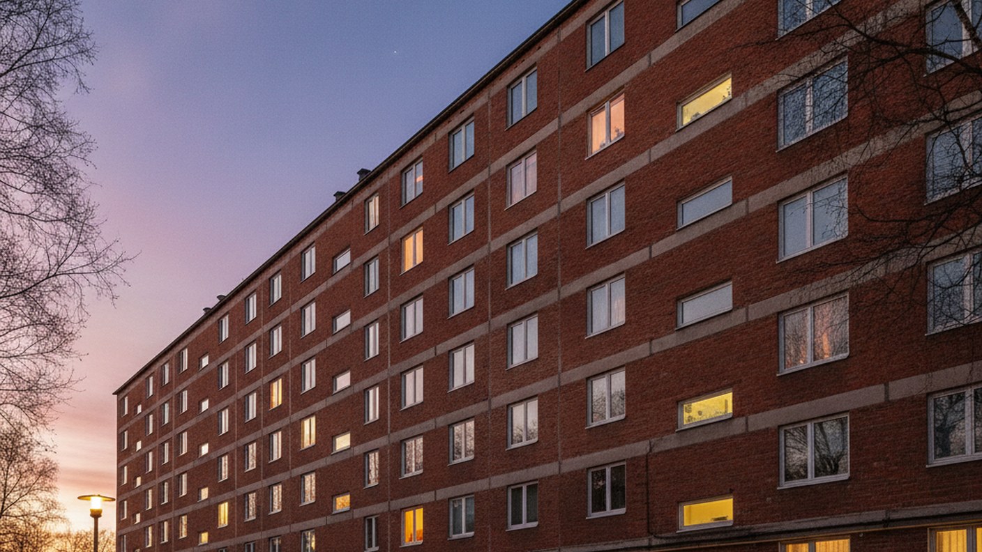 residential apartment building exterior with lit windows at dusk