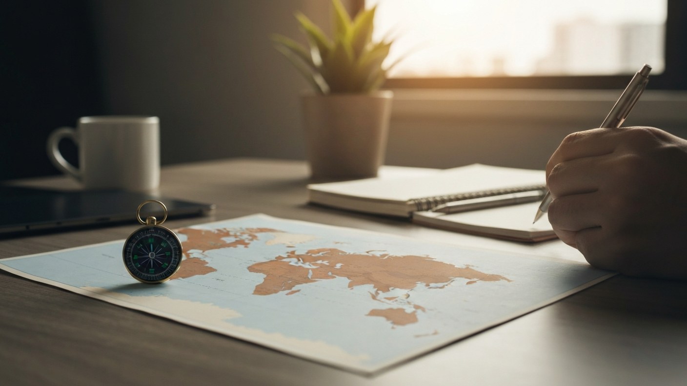A world map on a desk with a compass and notebook, planning international investment, warm study lig