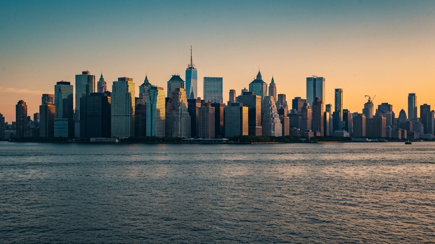 Manhattan skyline seen across the water at sunset, iconic and established cityscape, editorial photo