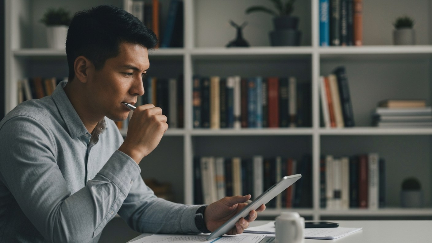 A person reviewing investment options on a tablet in a quiet study, bookshelf behind, thoughtful dec