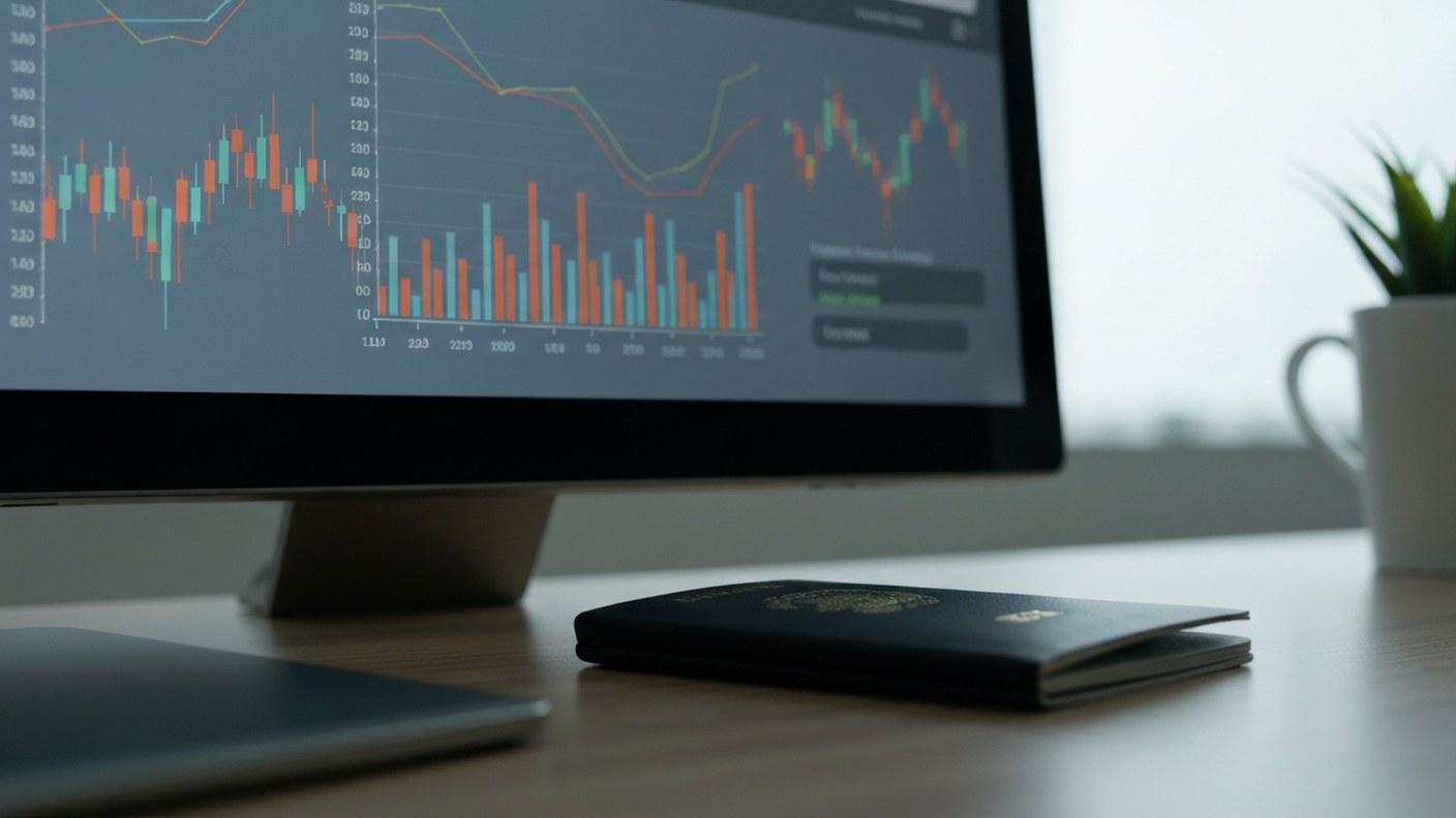 Currency exchange concept with financial charts on a screen and a passport on the desk, internationa