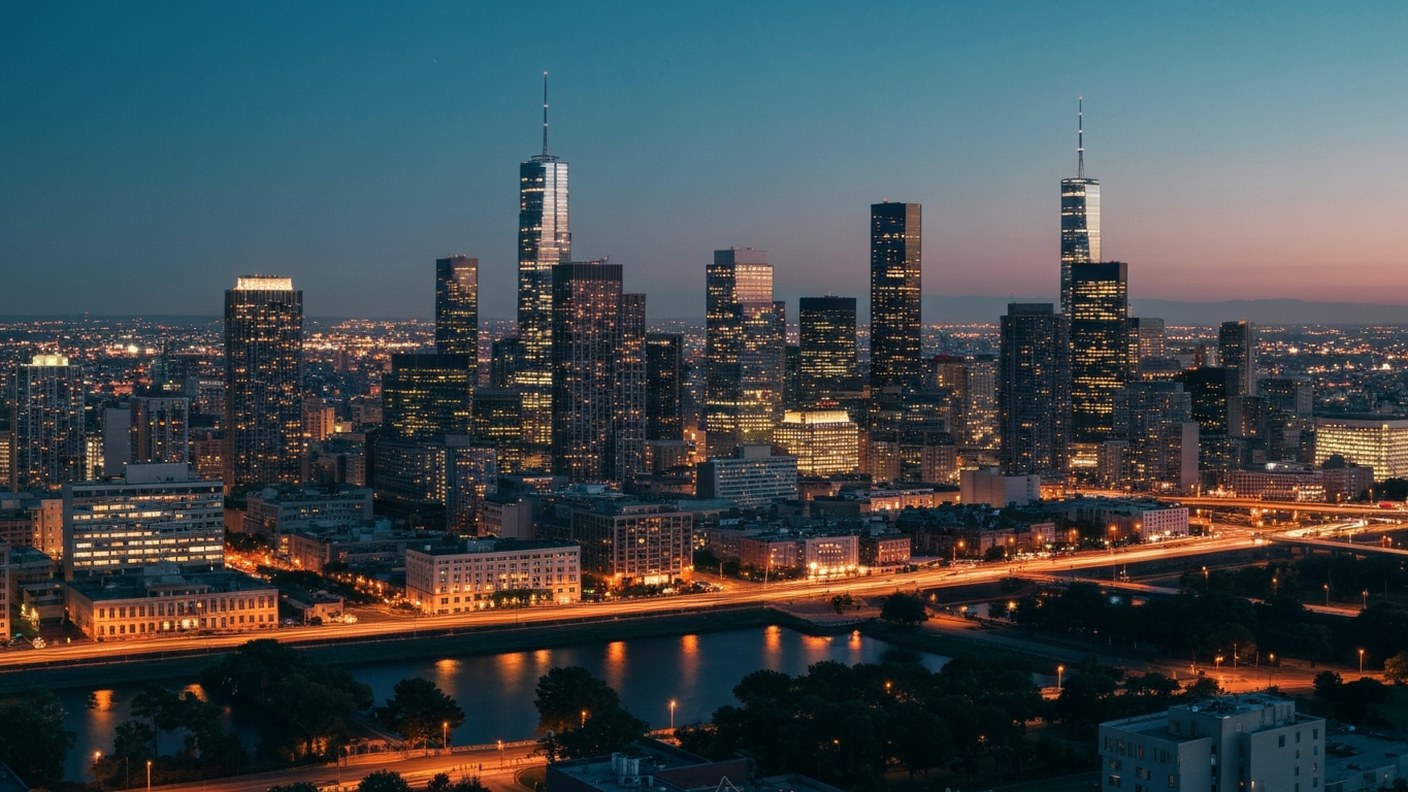 Evening view of a global city skyline with warm lights, sense of long-term stability and value, edit