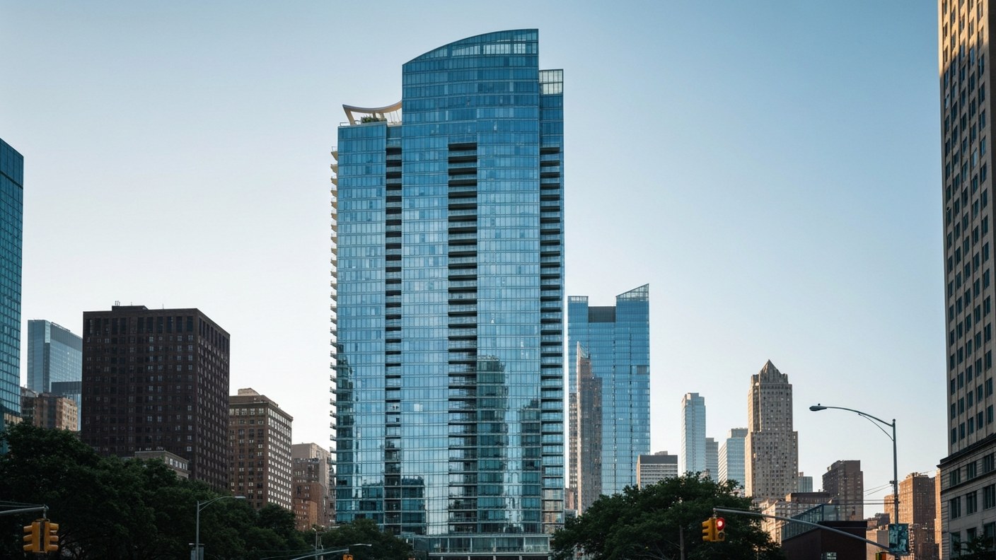 A sleek supertall glass residential skyscraper with curved rooftop and blue gradient glass facade to