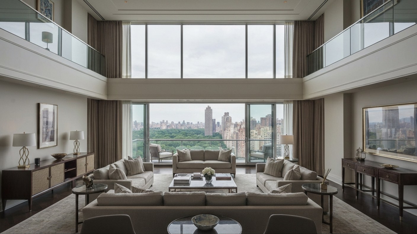 Luxurious high floor condominium living room with double height ceiling and panoramic view of Centra