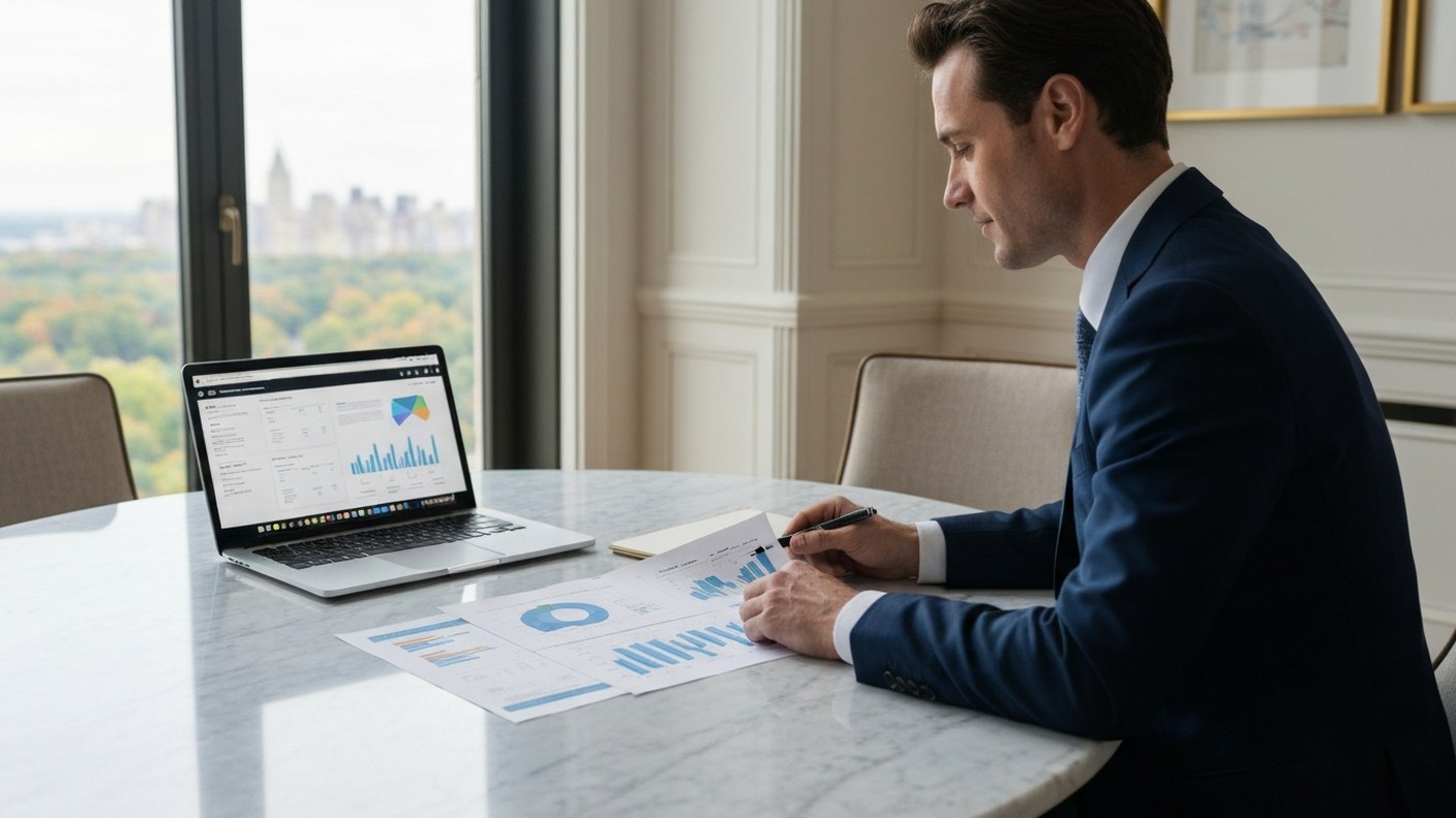 Elegant real estate market data review scene, a professional looking at printed charts and a laptop 