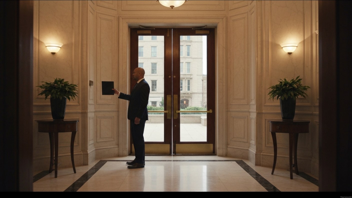 A private viewing of a luxury condominium, agent opening the door of a high floor residence for clie