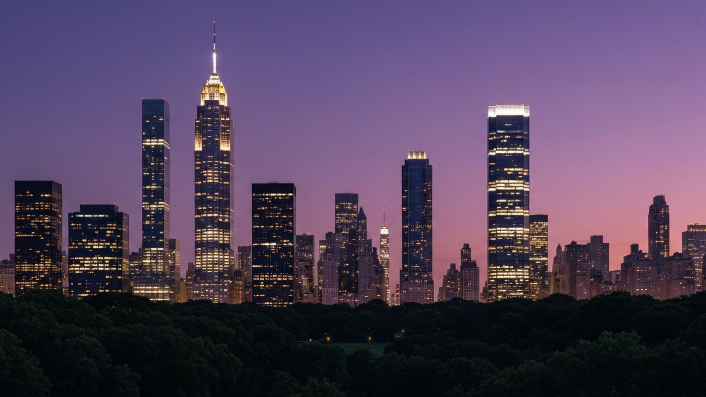 Evening view of illuminated supertall towers along Billionaires Row from Central Park, purple dusk s
