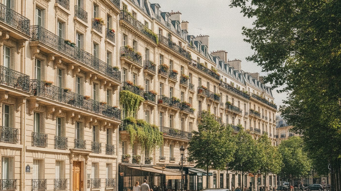 Parisian Haussmann style stone apartment buildings with balconies, elegant street