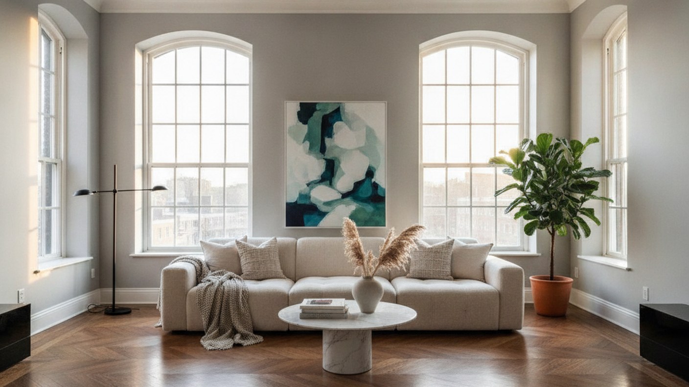 apartment interior with tall windows and herringbone wood floor, natural light