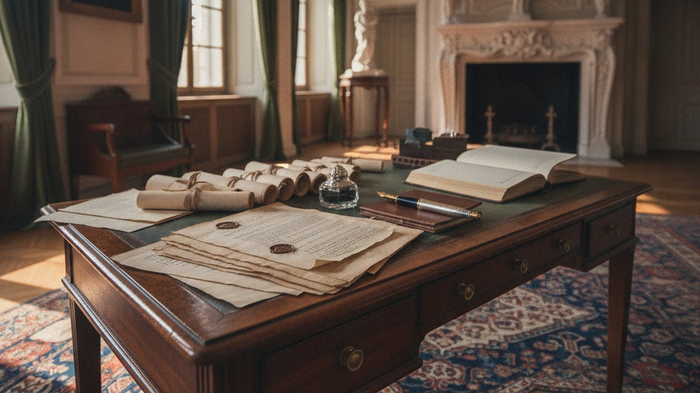 elegant desk with legal documents and fountain pen, classic European interior