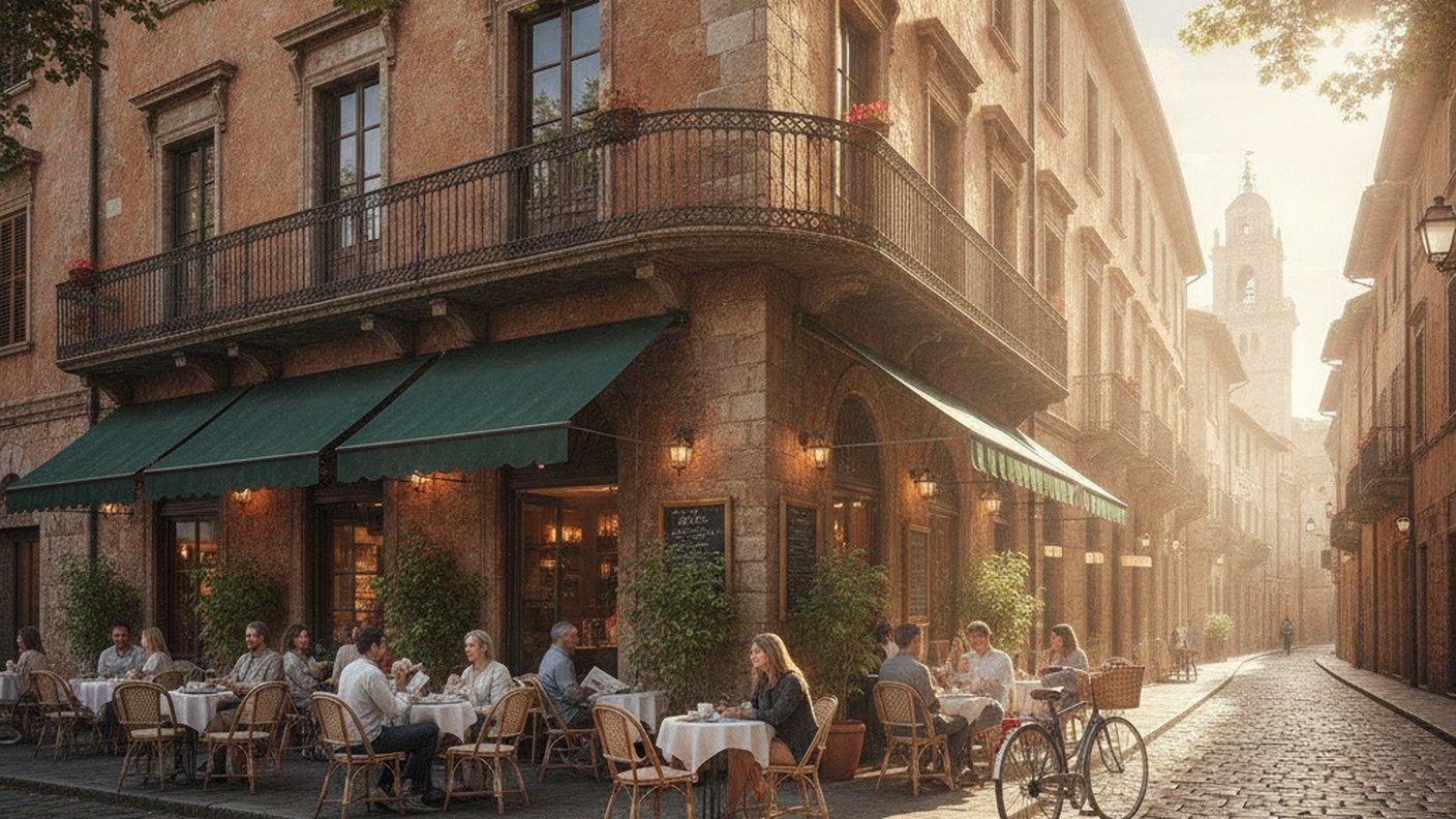 classic European cafe street corner with morning light, editorial travel photography