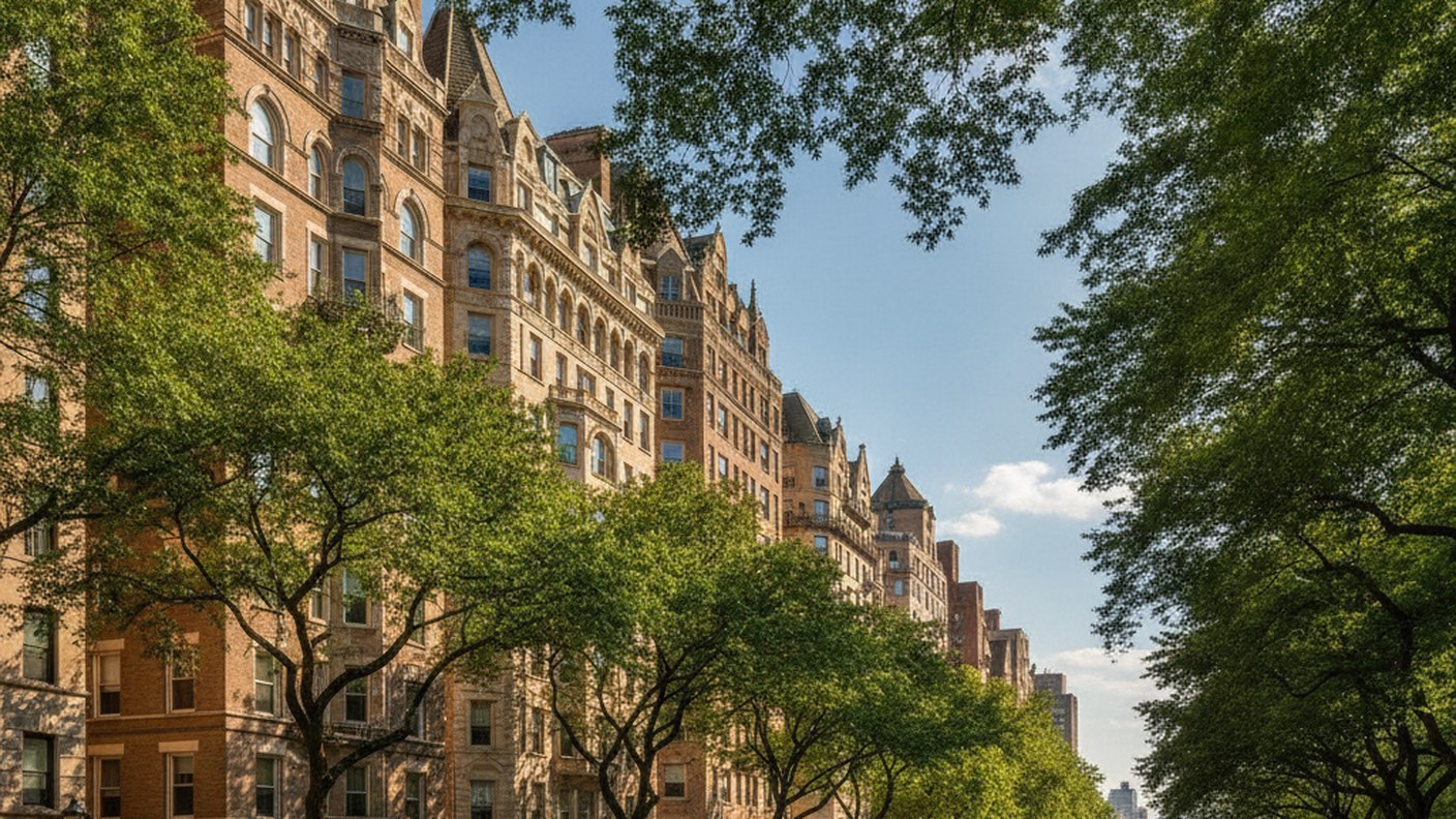 pre-war apartment buildings along Central Park West with green trees, classic New York