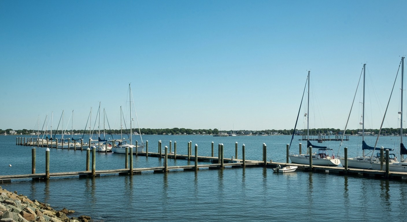 harbor with sailboats moored and a wooden dock, calm bay, Long Island North Shore